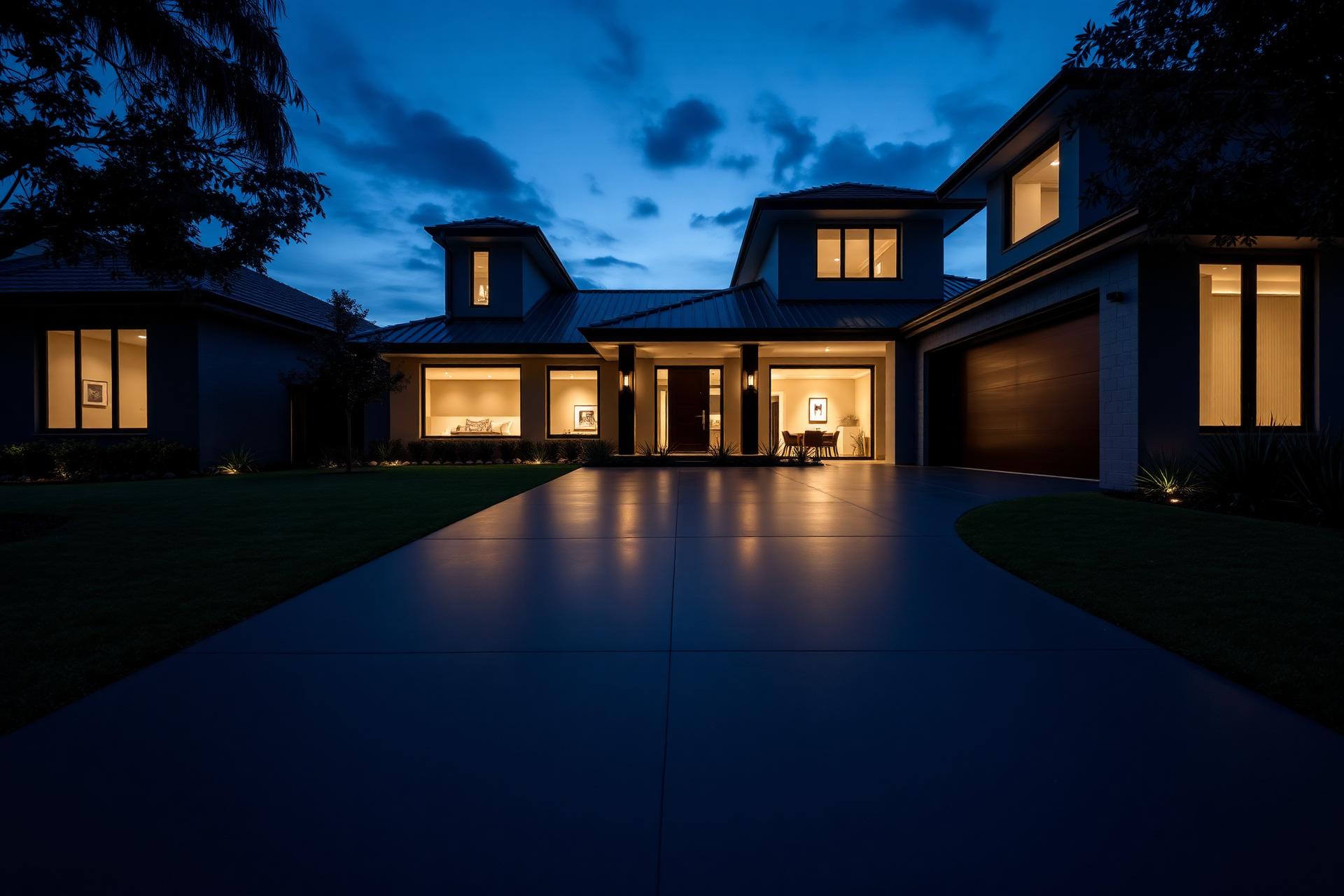 Modern home with polished concrete driveway